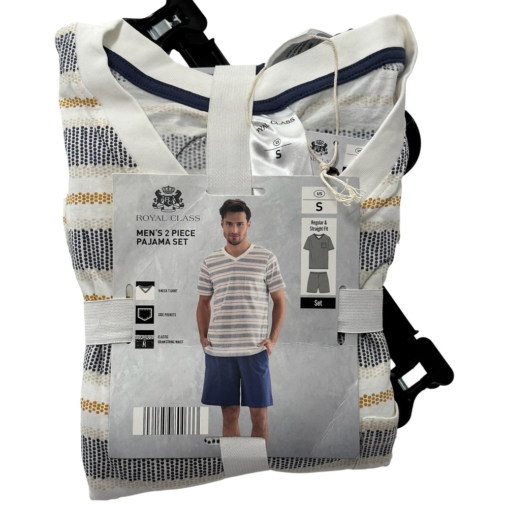 Royal Class Mens 2 Piece‎ Pajama Set V Neck T Shirt Shorts Striped Size S